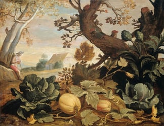 An oil painting of autumnal vegetables